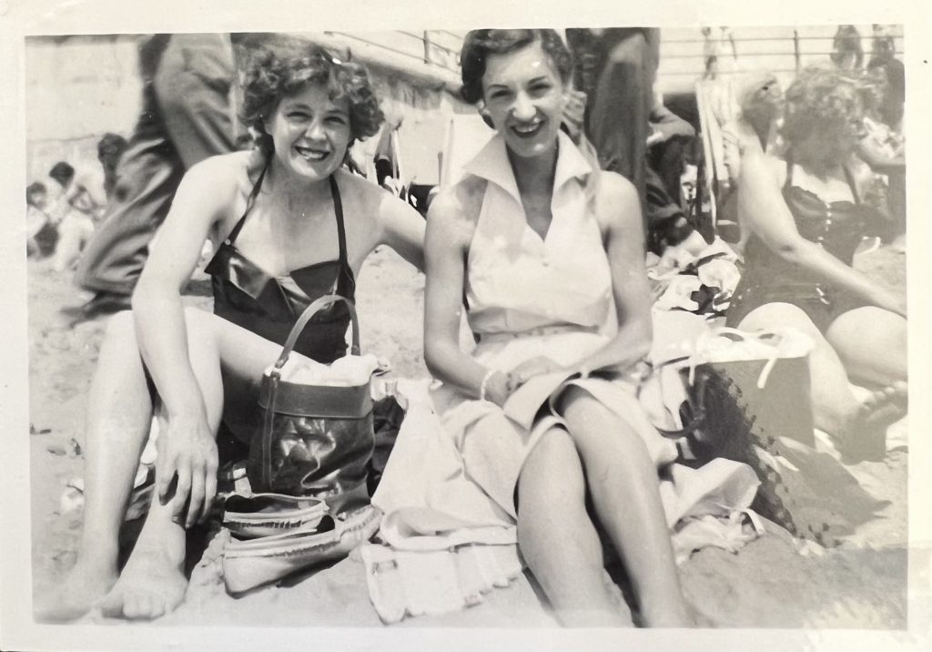 Nanny and her friend. White Shirt Dress, seaside, sundress. 1950s Fashion.